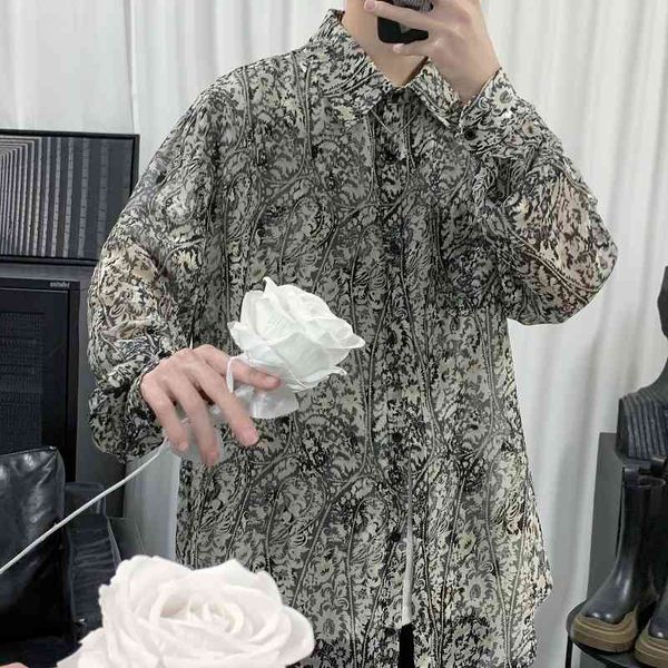 

men's casual shirts vintage korean floral shirt, fashionable shirt for men with lapels, long sleeves, sun-proof women's hip hop, l, White;black