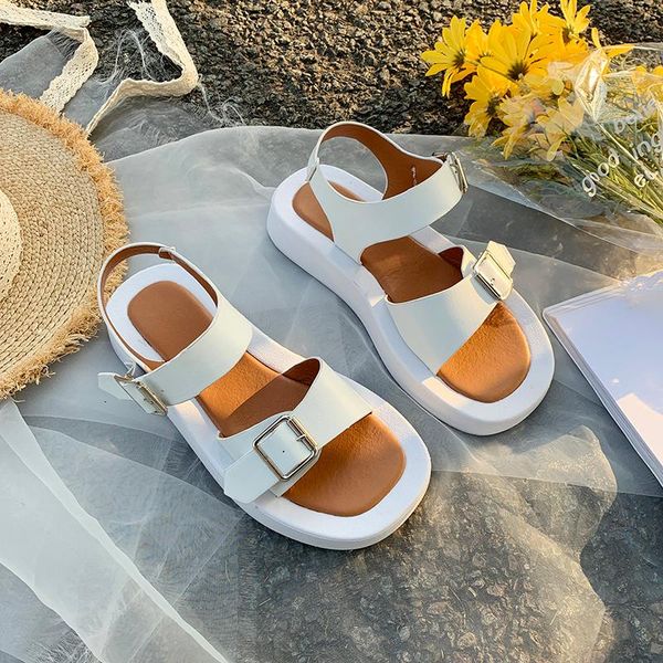 

women chunky sole sandals 2021 summer lady casual shoes platform fashion mid heels buckle strap shoe white, Black