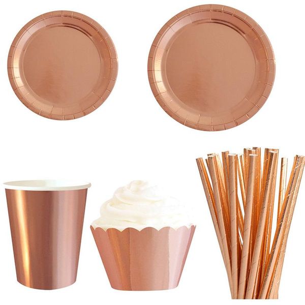 

disposable dinnerware rose gold sliver tableware sets party cup plates straw kids baby shower wedding decoration birthday supplies