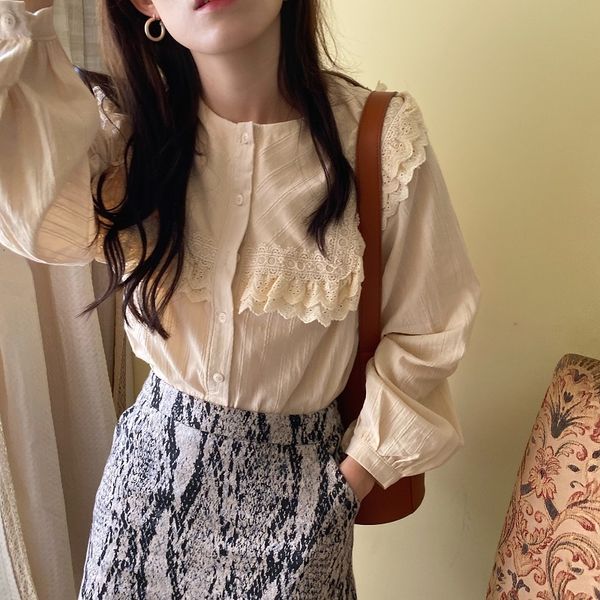 

dress vintage elegant hollow out crochet women blouses long sleeve korean style doll large lapel shirt loose blusas, White
