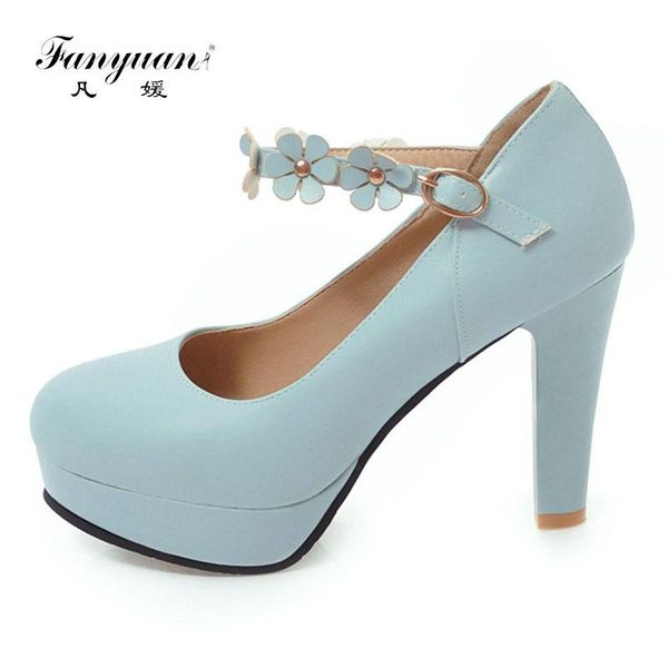 

fanyuan plus size 34-43 elegant women's mary janes shoes thin heels flower buckle strap female's super high  cm dress, Black