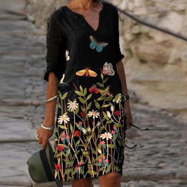 

2021vintage printing women dress v-neck half sleeve a-line dresses casual 2021 fashion spring female loose sundress lady vestidos, Black;gray