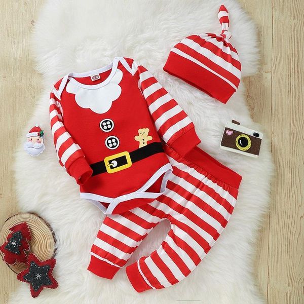 

clothing sets 2021 christmas born baby boy girl long sleeve cotton bodysuit striped pant hat 3pcs xmas set, White
