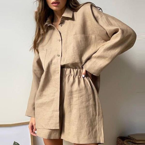 

Women's Tracksuits Casual Solid Loose Short Sets Women Summer Long Sleeve Shirt Pajamas Pocket High Waist Shorts Two Piece Set Loung Wear Ou, As pic