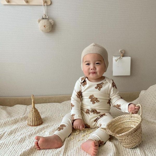 

pajamas born infant cute bear print tracksuit kids toddler boys girls suit baby clothes 2pcs set homewear pants, Blue;red