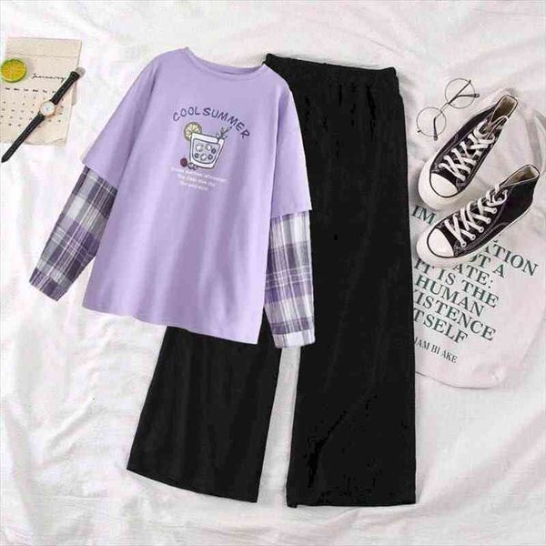 

women 2 piece set clothes sets autumn long-sleeved t-shirt student korean fake two-piece loose stitching wide-leg pants, White