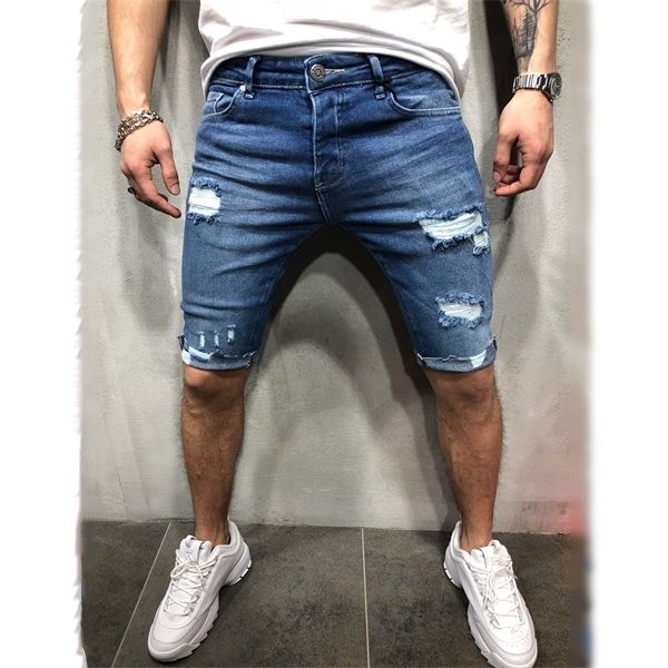 Jeans al ginocchio Uomo Jeans strappati in denim effetto consumato Pantaloni slim fit Jeans maschili con fondo tagliato Pantaloni a matita Casual Skinny Abbigliamento uomo 2021 X0621