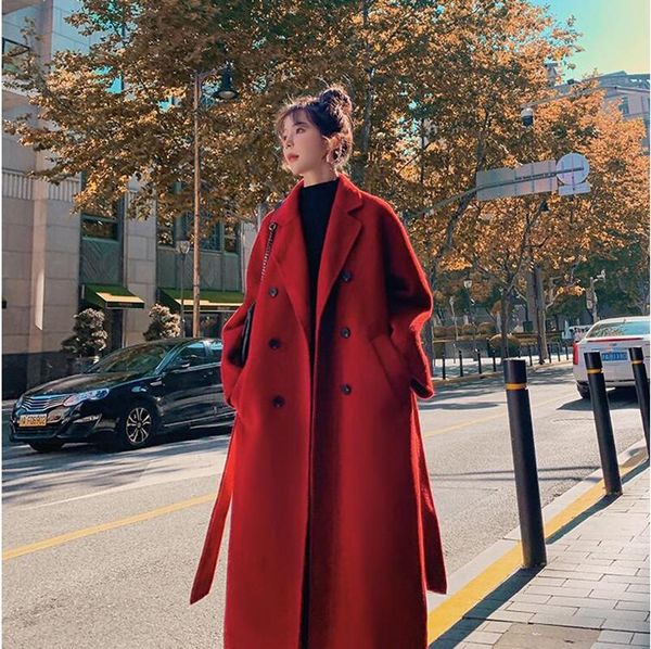 

women's wool & blends korea women spring autumn black loose long coat jacket belt woolen overcoat split hem cardigan outerwear 2xl