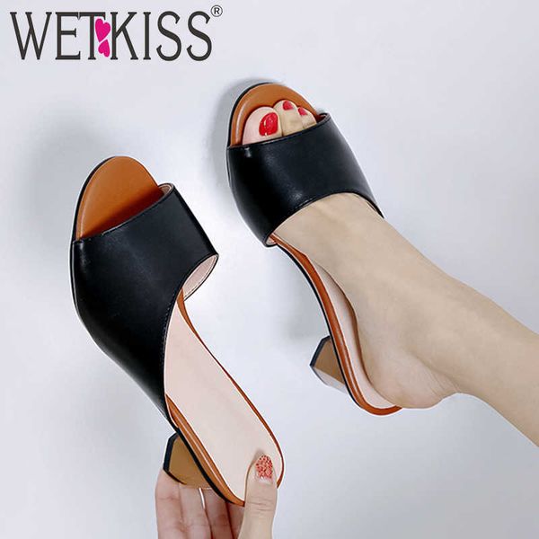 

wetkiss strange style slippers woman women slides shoes pu high heels mules shoes summer design fashion slides shoes 210630, Black
