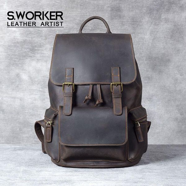 

backpack s.worker vintage genuine cowhide leather lapschool bag crazy-horse shoulder travel weekender