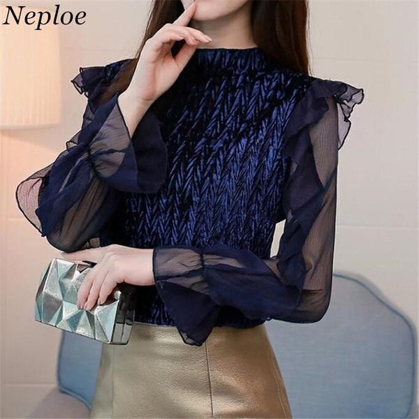 

women's blouses & shirts neploe solid mesh patchwork women blouse and o-neck long puff sleeve 2021 autumn slim korean s-3xl blusas 684, White