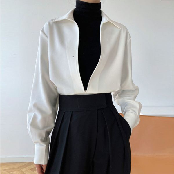 

women's blouses & shirts 2021 spring new deep v-neck woman blusas turn down collar long sleeve loose casual solid color women, White