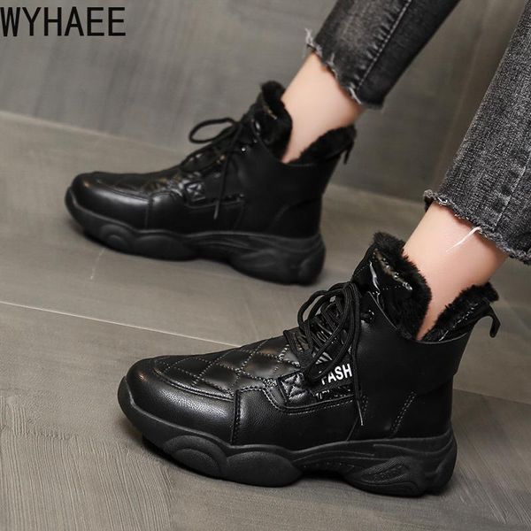 

boots winter women snow chunky sneakers lace up thick bottom fur platform waterproof warm shoes woman plus size, Black