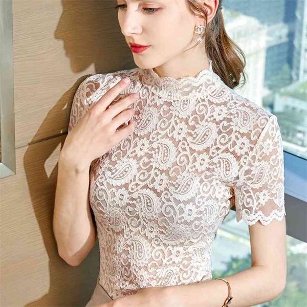 

summer lace short sleeve women t-shirt hollow out o neck mesh tshirt all-match solid color perspective bottoming shirt 210708, White