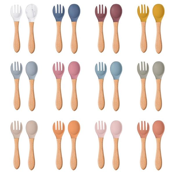 

2pcs/set baby silicone spoon fork set with wooden handle infants toddlers feeding training dinnerwares children utensils cups, dishes &