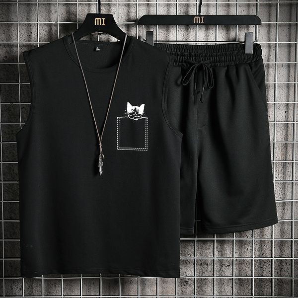 

men's tracksuits casual male summer sport suit fast drying jogger shorts vest + joint training breathing cotton sportwears 3xl 4xl, Gray