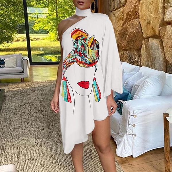 

fashion vintage loose stand womens dress neck one shoulder figure print irregular ruffle ladies vestido, Black;gray