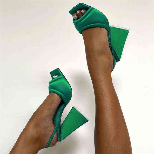 2021 Kadın Tasarım 11 cm Yüksek Topuklu Slaytlar Katır Yaz İpek Kalın Blok Topuklu Sandalet Slingback Turuncu Terlik Parti Tıknaz Ayakkabı Y1209