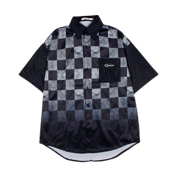 

women's blouses & shirts summer shirt women oversize harajuku loose short sleeve square collar blouse vintage gradient color checkerboa, White