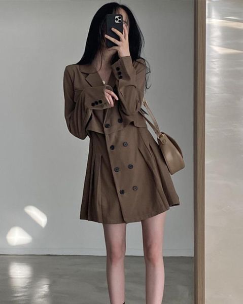 

women's trench coats coat fake two-piece double breasted suit dress spring and autumn waist closing small skirt goddess fan, Tan;black