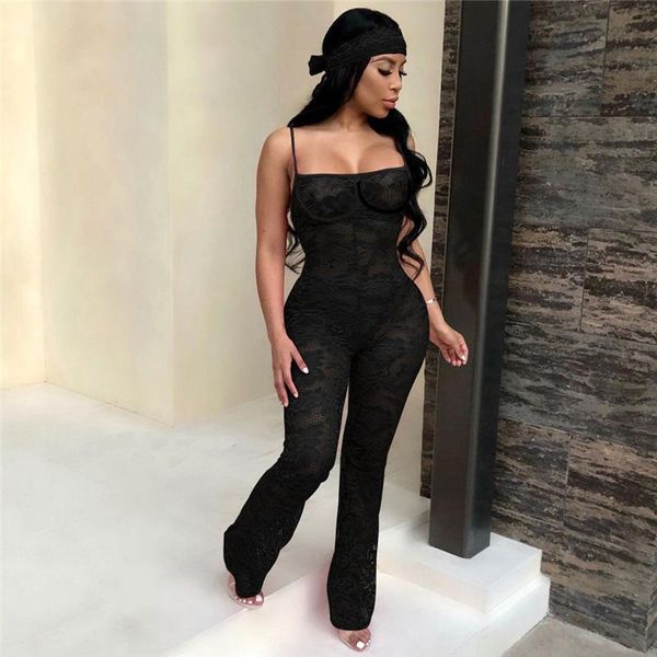 

women's jumpsuits & rompers spaghetti strap lace womens jumpsuit casual overalls backless mesh see through bodycon, Black;white
