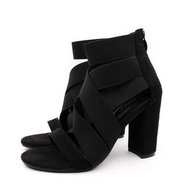 

sandals fashion high heeled in 2021 large elastic women's shoes with band suede, Black
