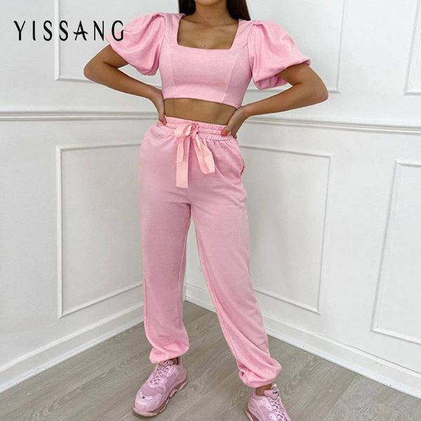 

yissang cotton bow women two piece set puff sleeve crop and long pants suit autumn sets casual sporty active wear tracksuits women's, White