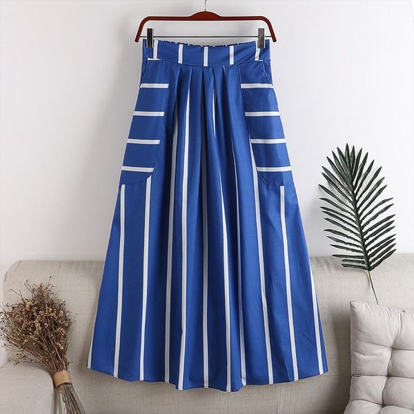 

skirts women spring autumn vintage striped high waist pleated a-line skirt, Black