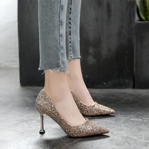 

women's shoes 2021 sequins wedding high-heeled pointed stiletto large size dress, Black