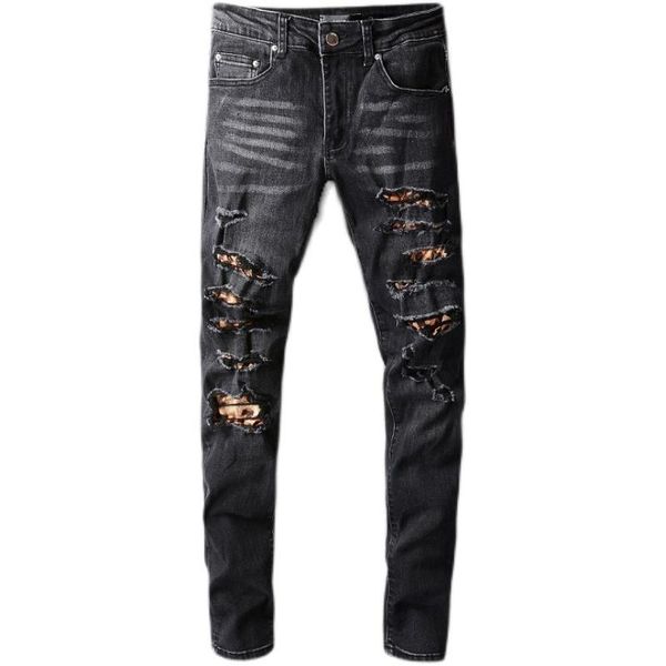 

men's jeans male trousers brand knife cut printed patch stitching high street denim pants stretch elastic slim 811, Blue