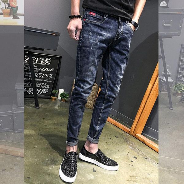 

black jeans slim autumn and winter korean small feet trendy stretch casual pencil pants men's trousers, Blue