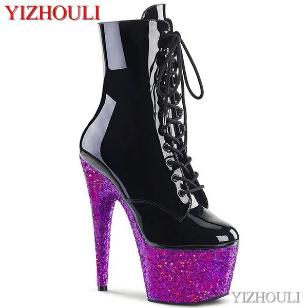 

boots 17cm heels, low-heeled dinner boots, 7in round toes, and ankle for sequins party dresses, Black