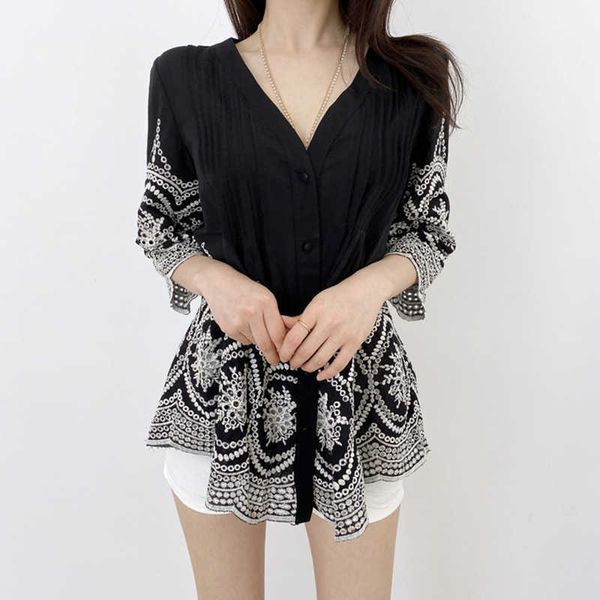

women's knits & tees vintage ethnic heavy embroidery ruffle blouse women three quarter sleeve babydoll casual v-neck button u, White
