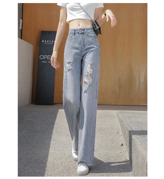 

women's jeans women fashion ripped holes leisure vintage high waist zipper trousers loose straight light blue denim pants 2022 spring