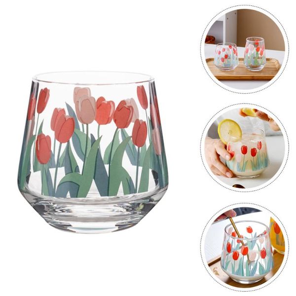 

mugs 2pcs vintage tulip printing glass cup milk juice mousse (short style 400ml)