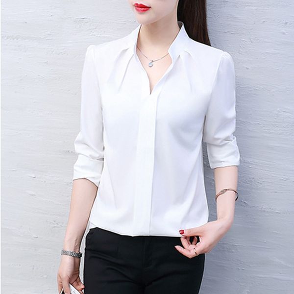 

korean women shirts chiffon blouses long sleeve office lady v neck shirt plus size woman basic blouse xxl 210427, White