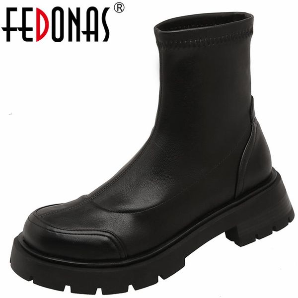 

boots fedonas cool fashion concise women ankle round toe thick heels autumn winter working casual shoes woman 2021 brand est, Black