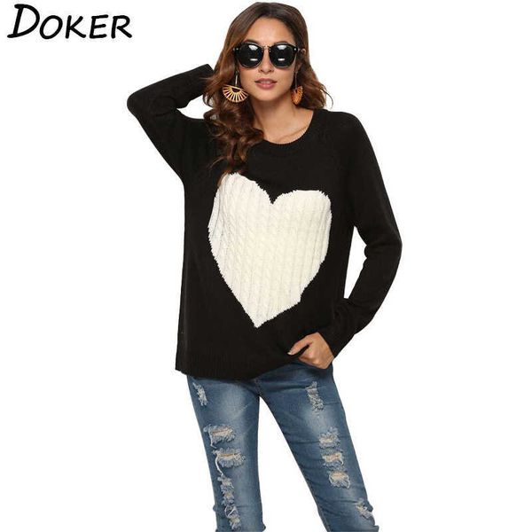 

women sweaters and pullovers autumn winter love heart pattern o-neck long sleeve knitted sweater female casual knitwear 210604, White;black