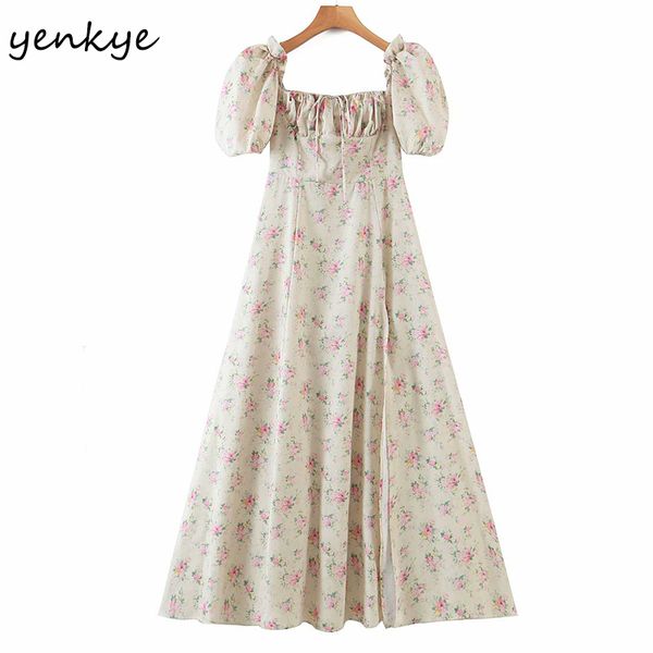 

summer dress women vintage floral print elegant long maxi femme square neck puff sleeve a-line slits robe 210430, Black;gray
