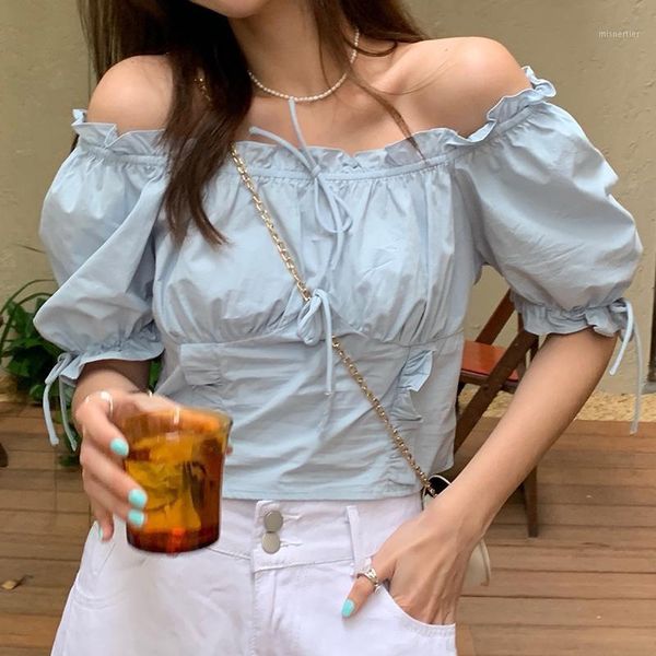 

bandage puff sleeve square collar folds woman's sweet drawstring slim solid t-shirt women fashion short woman 20211 women's, White