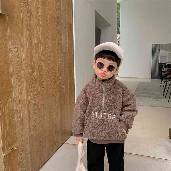 

winter fashion boys letters embroidery stand collar fleece sweatshirts children warm lining casual hoodies 210708, Black