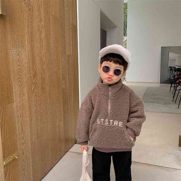 Wintermode Jungen Buchstaben Stickerei Stehkragen Fleece Sweatshirts Kinder Warmes Futter Lässige Hoodies 210708