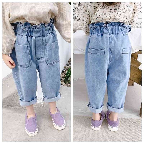 

spring autumn cute girls fashion high waist jeans kids casual all-match denim pants 1-6y 210708, Blue