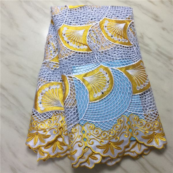 

5yards/lot fashion white african water soluble fabric and gold embroidery french guipure lace material for dressing pl51756, Black;white