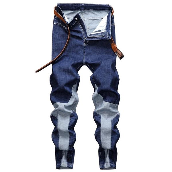 

men's jeans men streetwear patchwork slim pants male solid casual jogger straight denim trousers, Blue