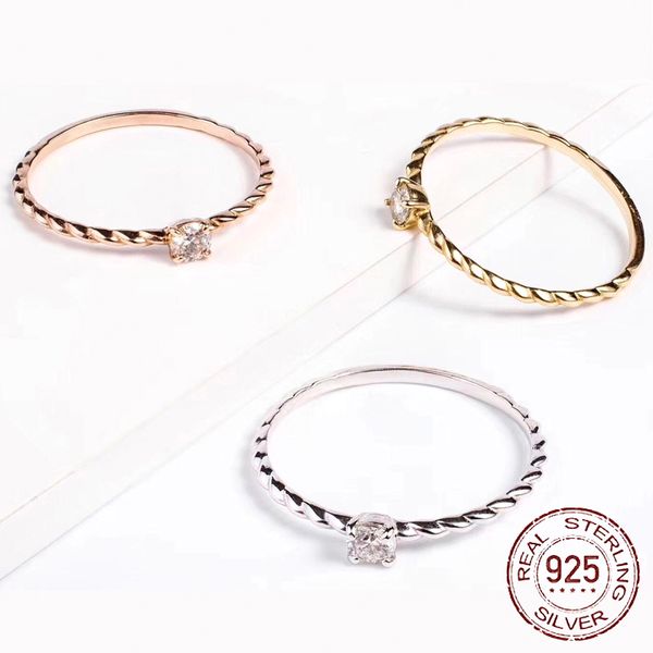 

925 sterling silver vintage jewelry rings for women simple single grain cubic zirconia diamant joint tail ring weave twist accessories j-310, Slivery;golden