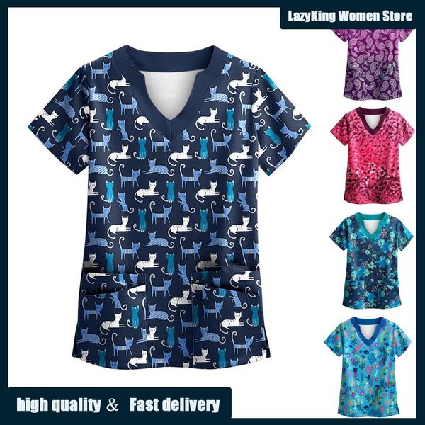 

women's t-shirt ladies starry blue flower print short-sleeved v-neck multi-pocket carer shirt women cotton casual short sleeve, White