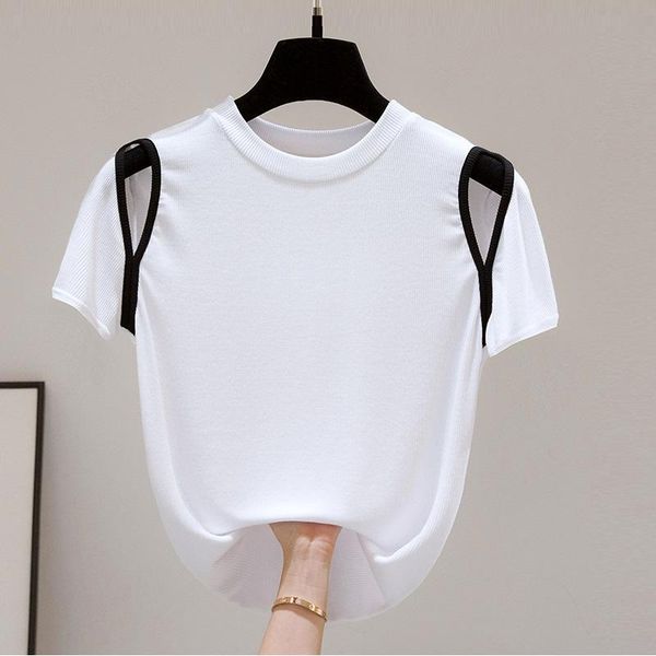 

women's t-shirt 2021 off shoulder patchwork women cotton t-shirts ladies short sleeve o-neck white gray tshirts feminine summer s-xxl t