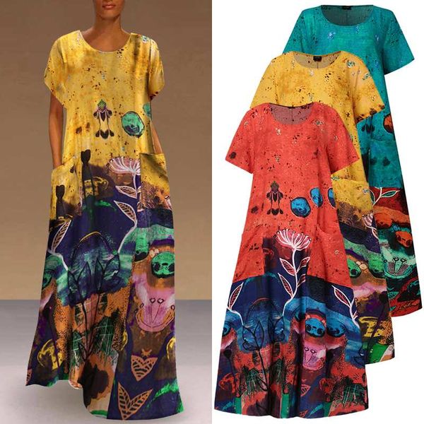 

maxi dress women patchwork floral printed sundress vonda 2021 womens autumn stylish robe female cotton linen dress s-5xl, Black;gray