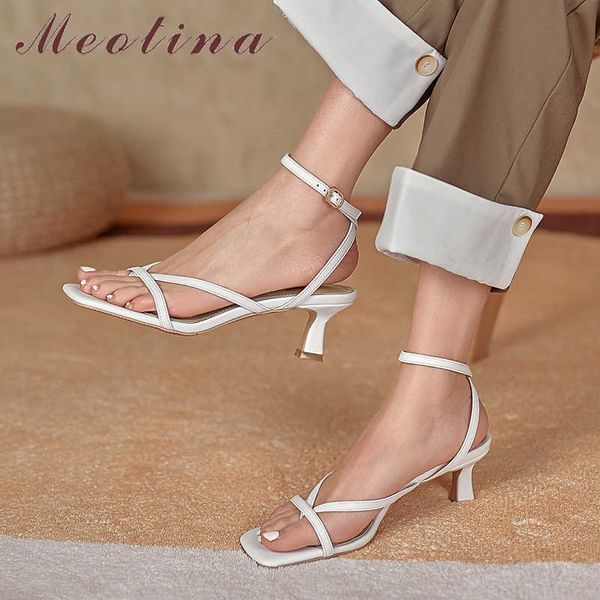 

meotina sandals shoes women genuine leather sandals narrow band high heel shoes square toe thin heel ladies footwear summer 43 210608, Black
